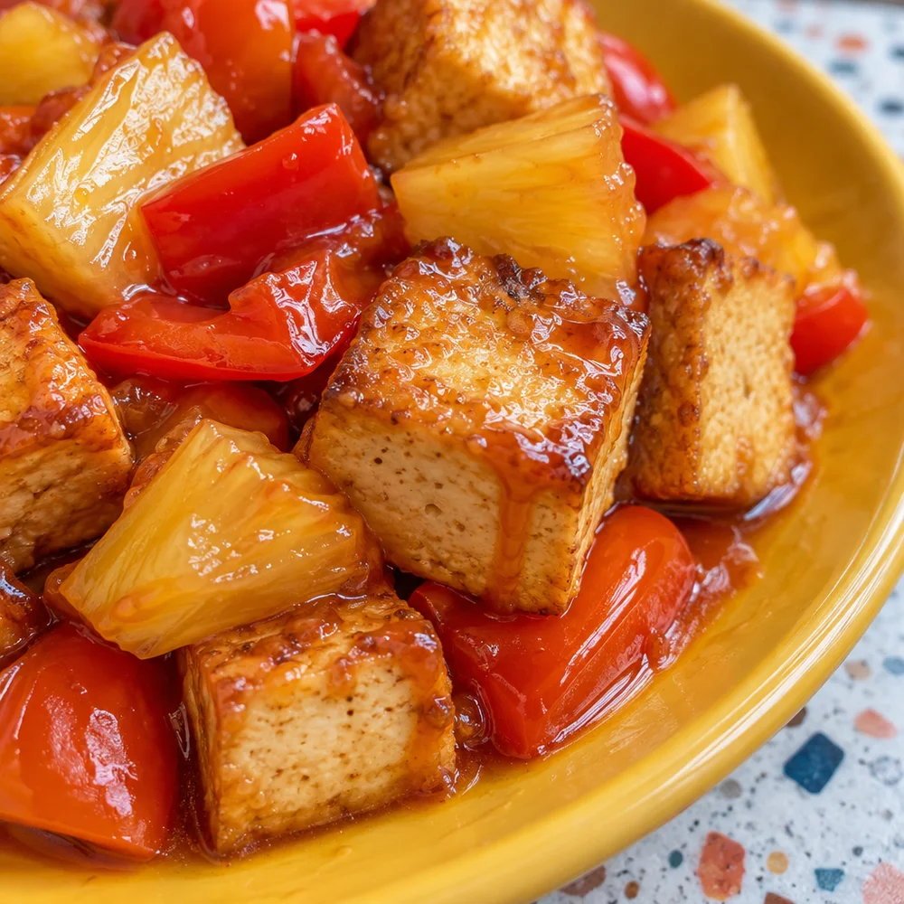 Sweet and sour fried tofu with peppers and fresh pineapple