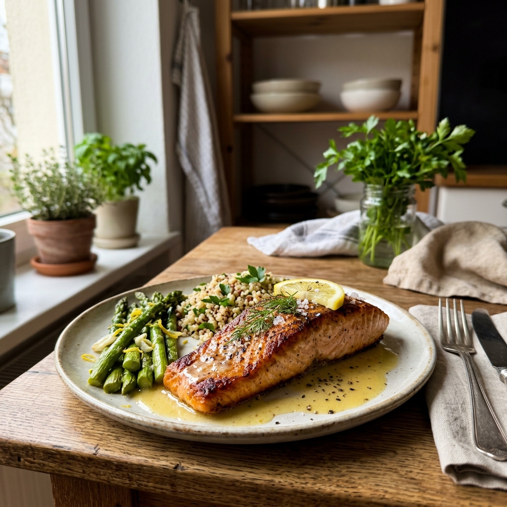 High-protein pan-fried wild salmon with lemon butter