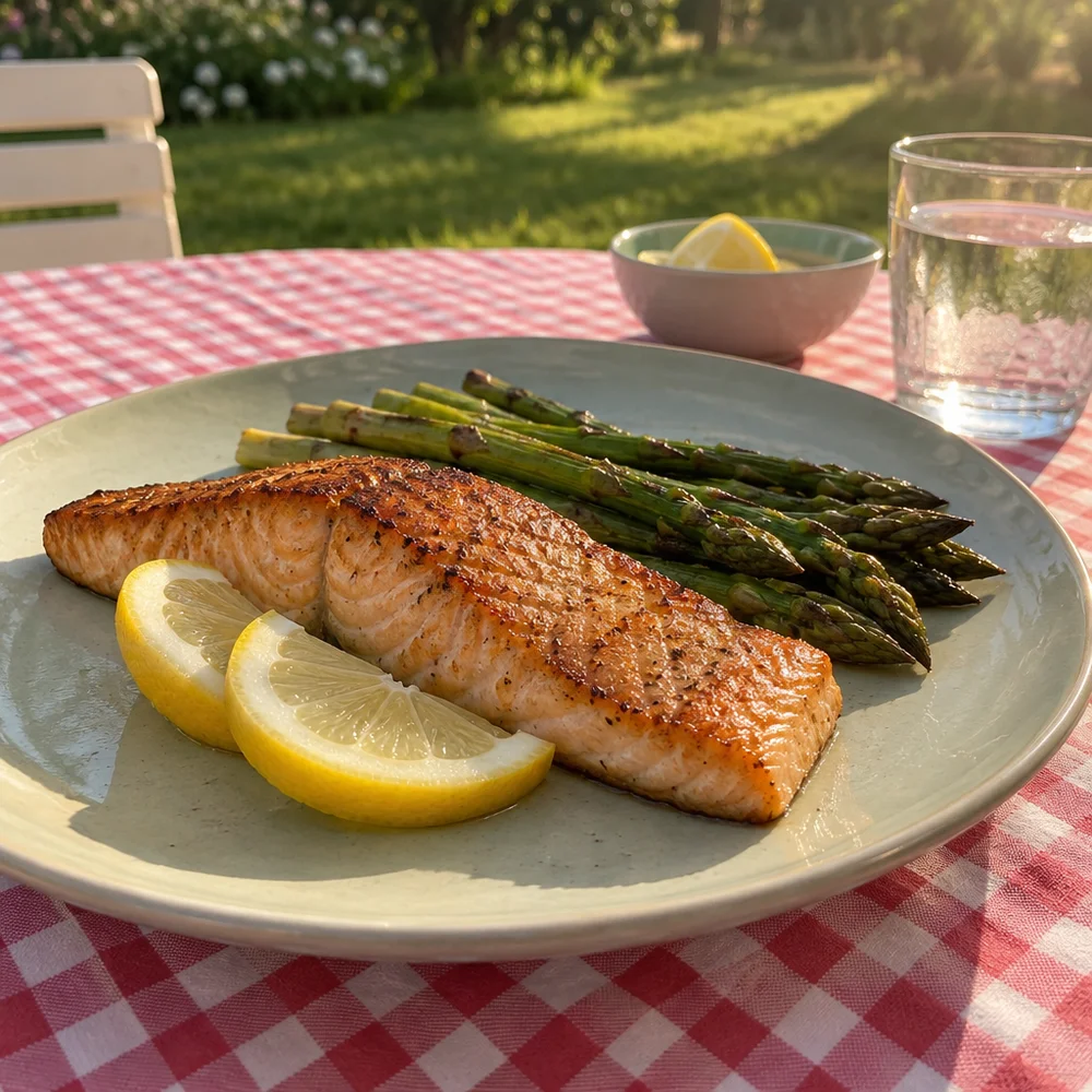 Pan-fried lemon salmon with green asparagus