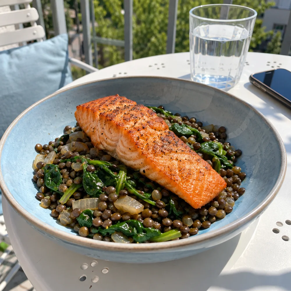 Pan-fried wild salmon fillet on a warm lentil and spinach bed