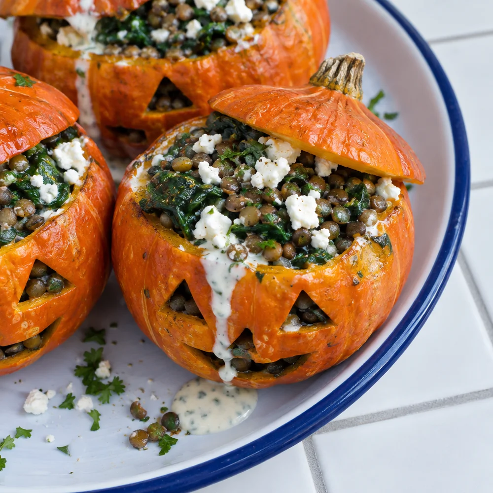 Stuffed pumpkin faces with lentils, spinach and feta