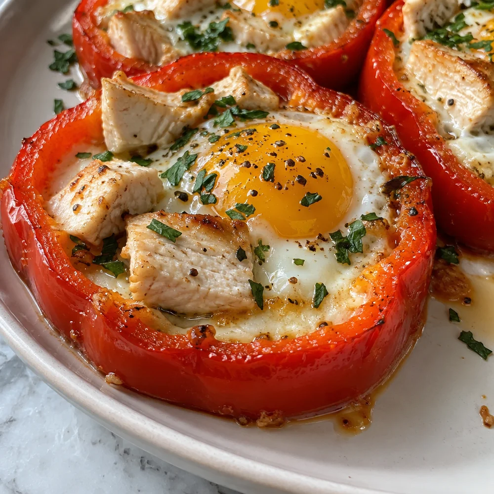 Pepper rings with fried egg and turkey breast