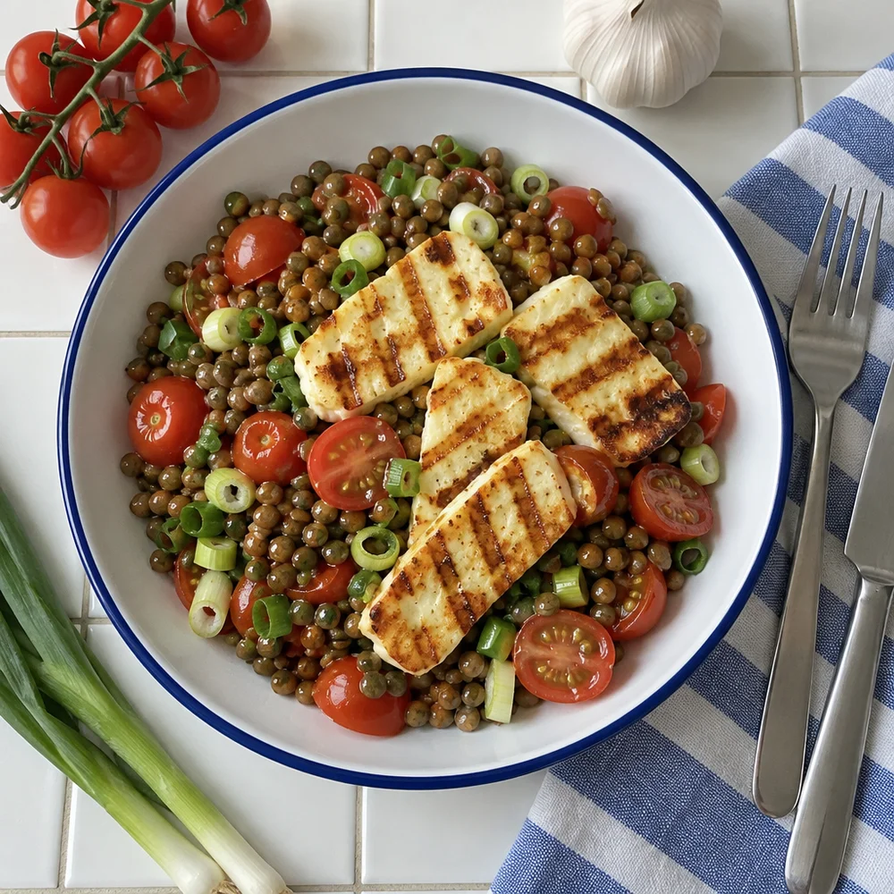 High-protein grilled halloumi with lentil and tomato salad