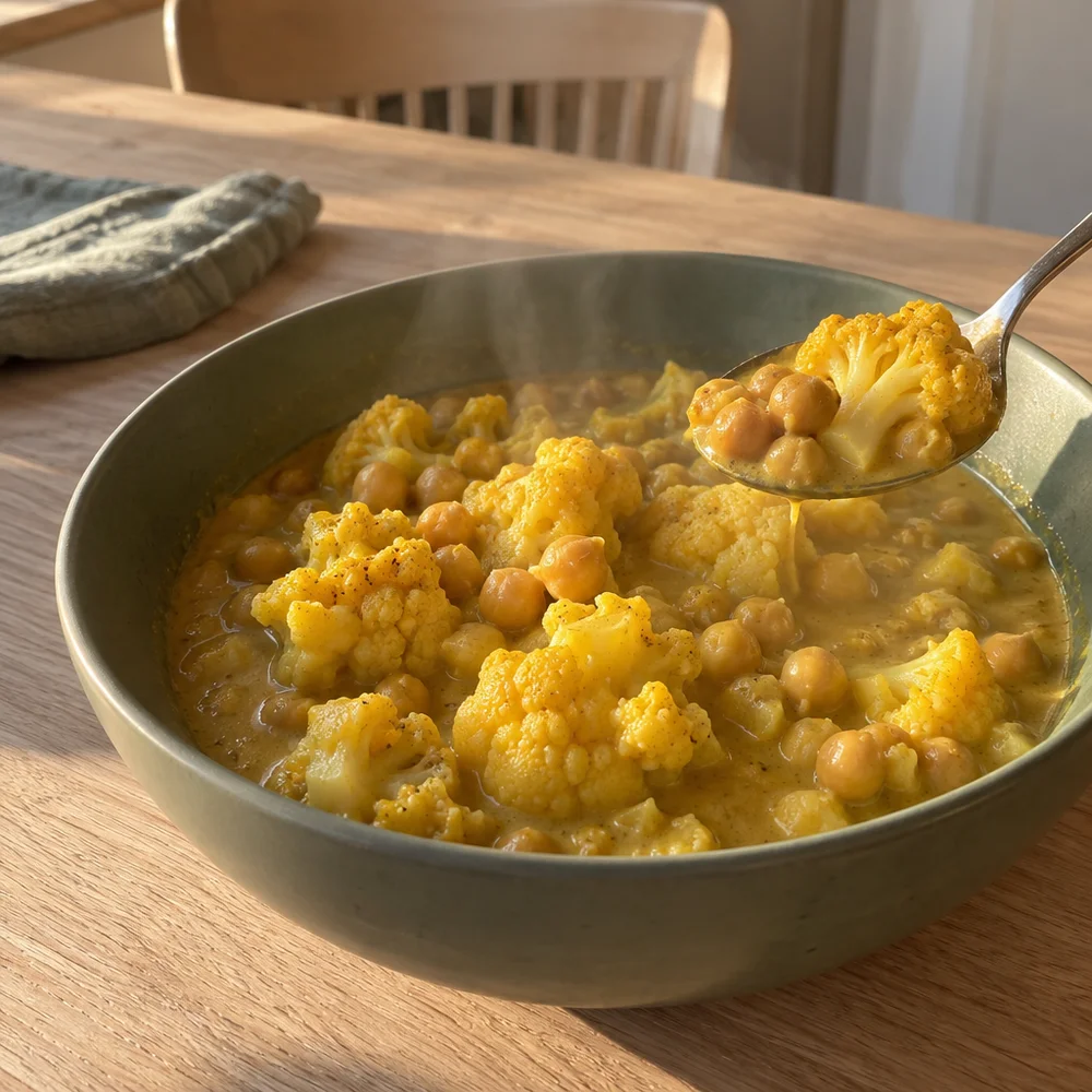 Yellow chickpea curry with cauliflower