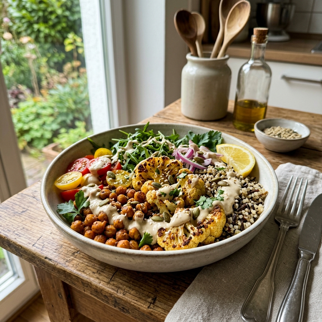 Vegan roasted cauliflower and chickpea bowl with tahini dressing