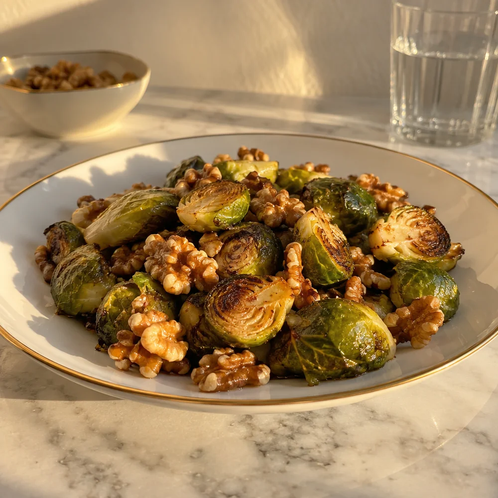 Vegan roasted Brussels sprouts with walnut crunch