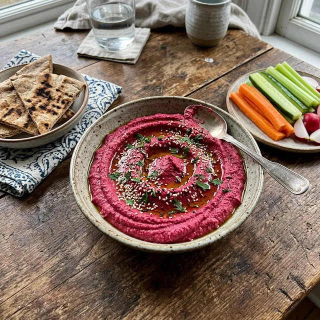 Vegan beetroot hummus with veg sticks and wholegrain crackers