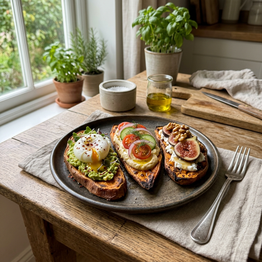 Toasted sweet potato slices as a bread alternative