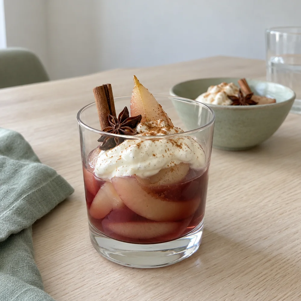 Spiced pears in grape juice with vanilla quark