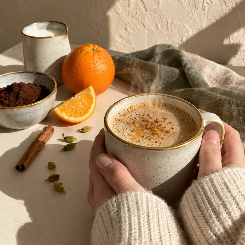Spiced coffee with cardamom, orange and honey milk