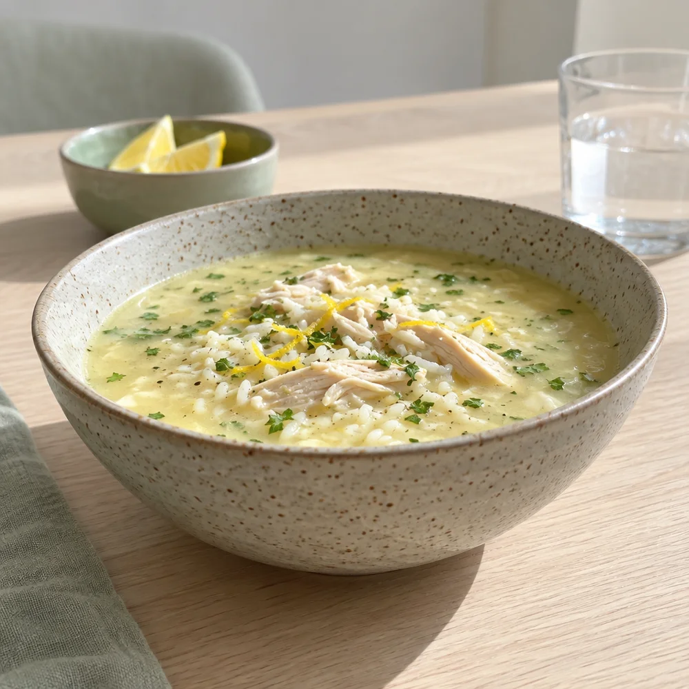 Gluten-free avgolemono soup with chicken, rice and lemon