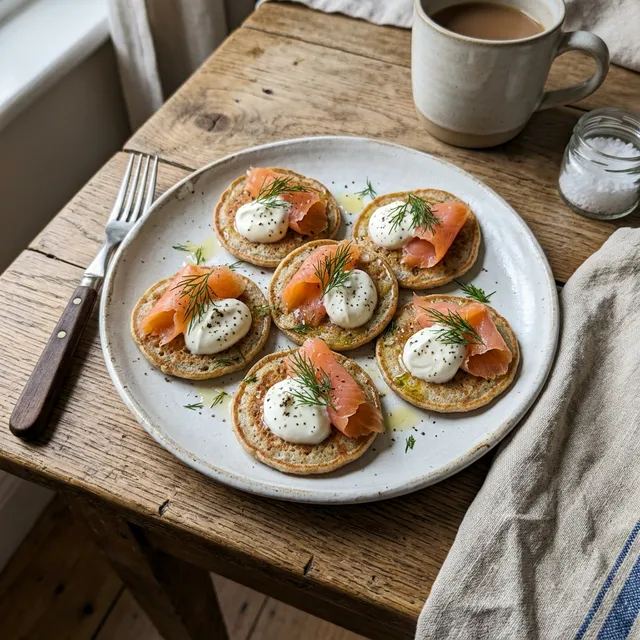 Gluten-free buckwheat blini with smoked salmon and crème fraîche
