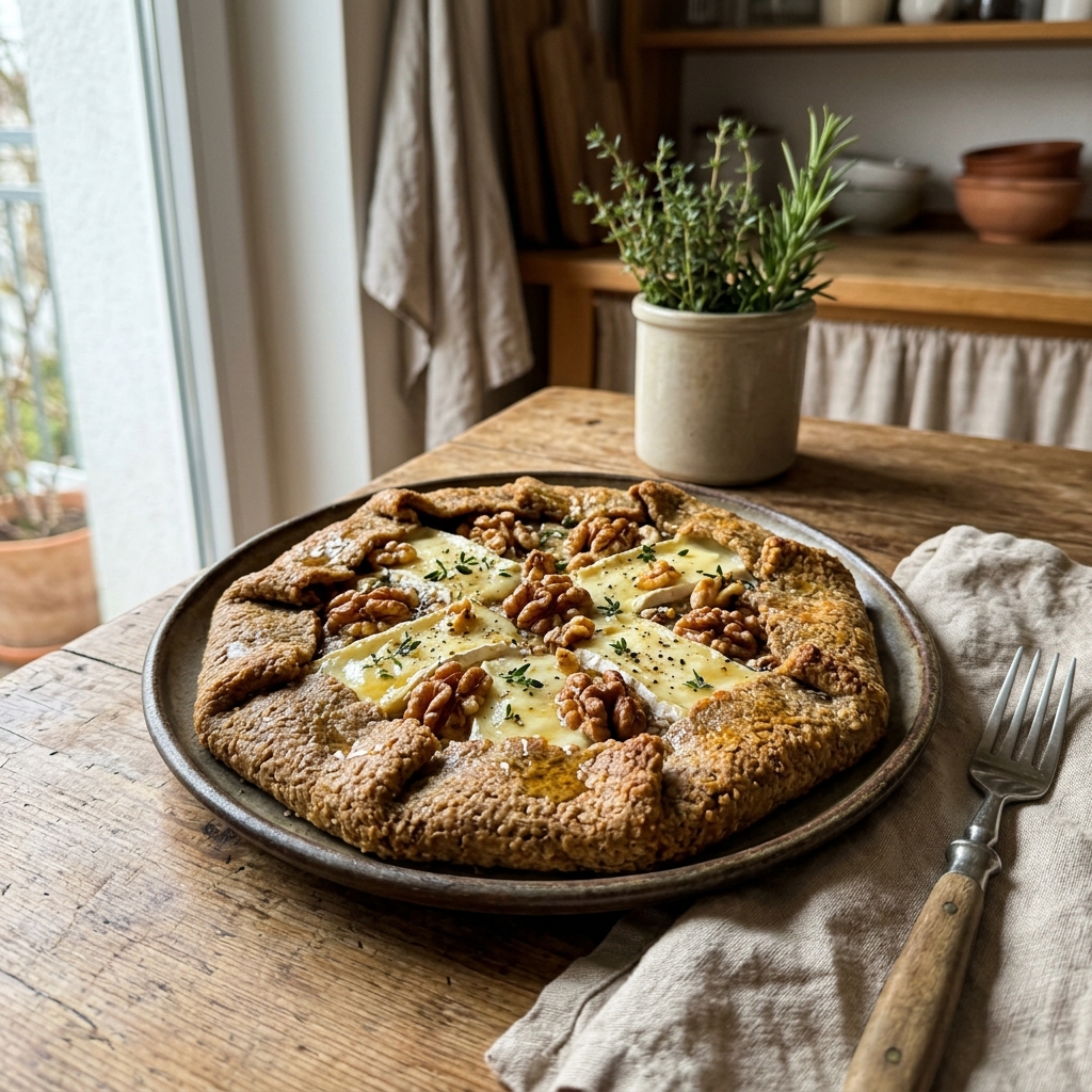 Gluten-free buckwheat galette with goat's cheese and walnuts