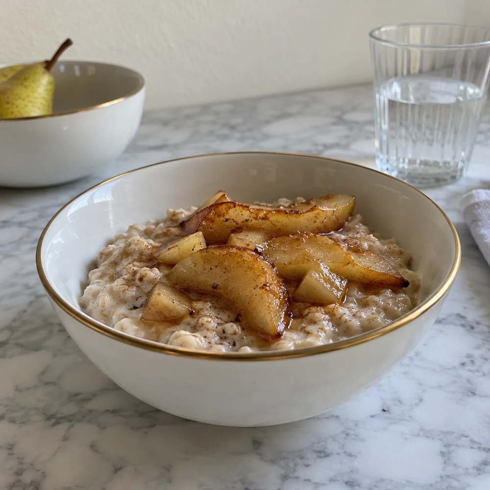 Gluten-free chai-spiced porridge with caramelised pears