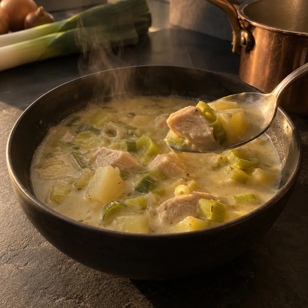 Gluten-free creamy chicken and leek soup with potatoes