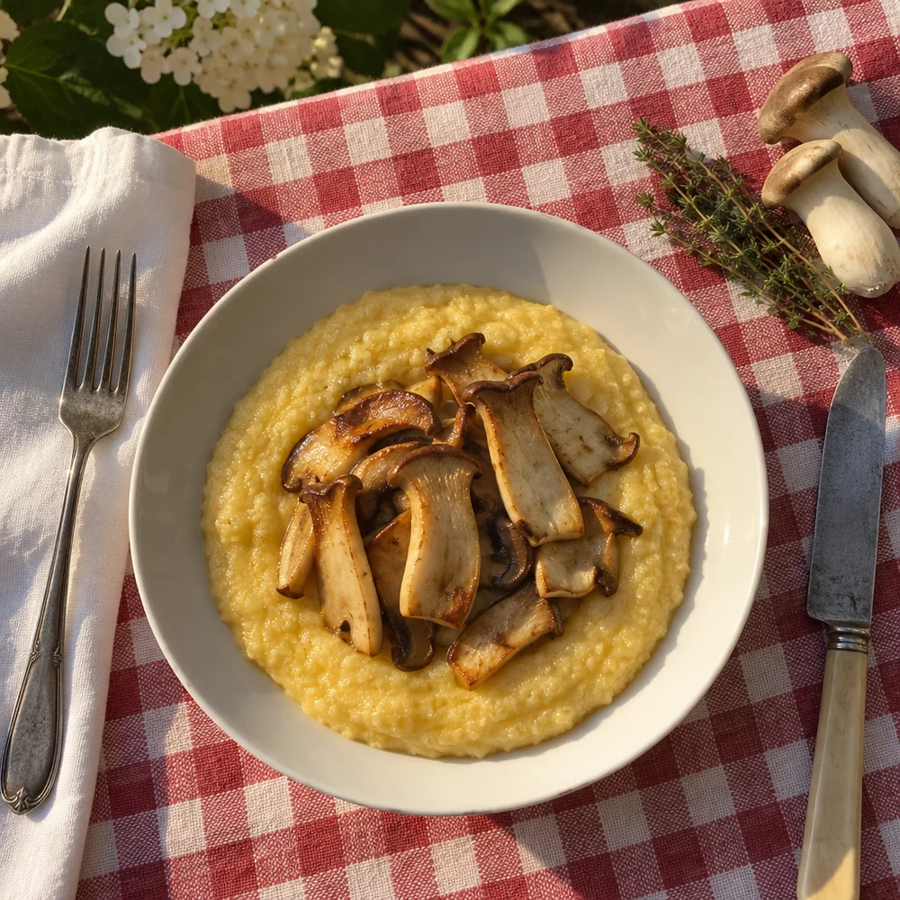 Gluten-free creamy polenta with braised king oyster mushrooms