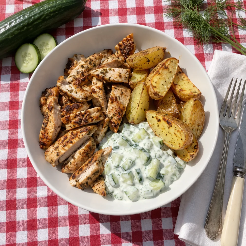 Gluten-free chicken gyros bowl with tzatziki and roast potatoes