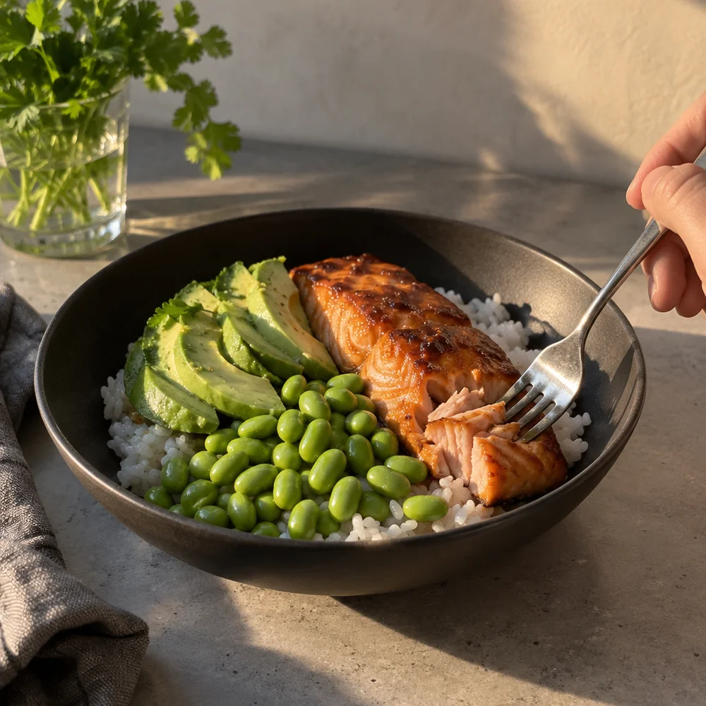 Gluten-free Japanese teriyaki salmon bowl with edamame and avocado