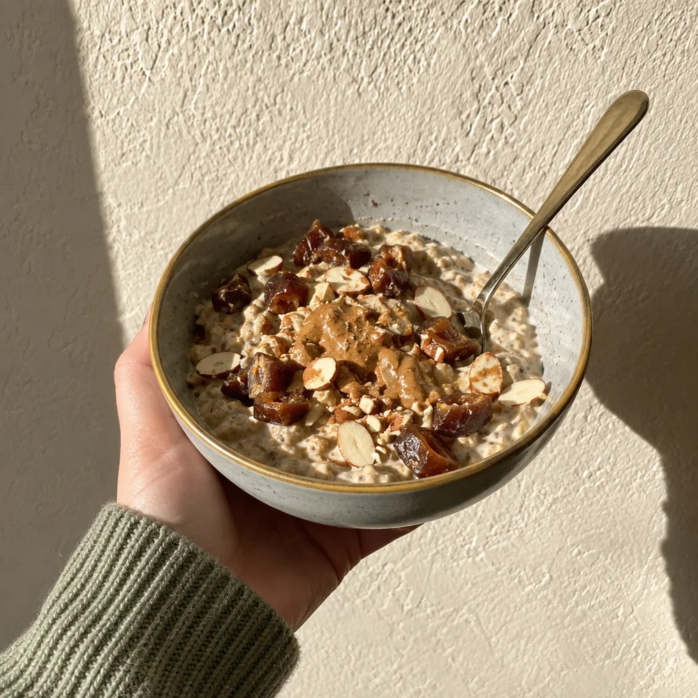 Gluten-free coffee overnight oats with dates and almonds