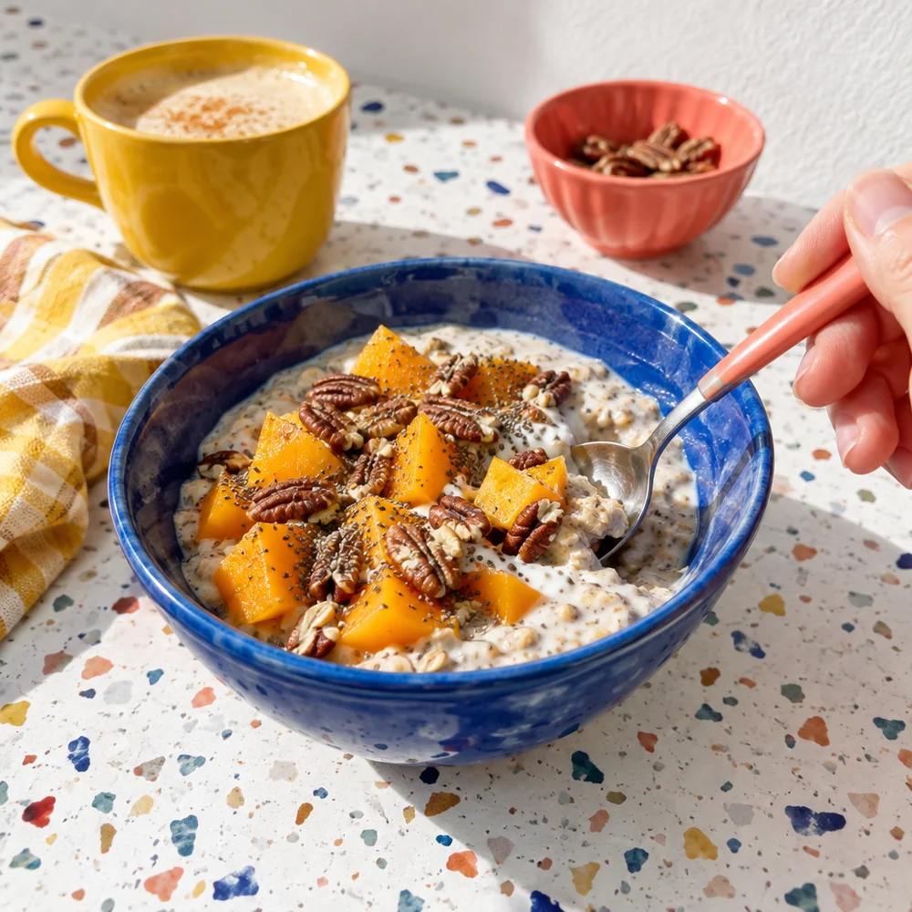 Gluten-free persimmon overnight oats with vanilla and pecans