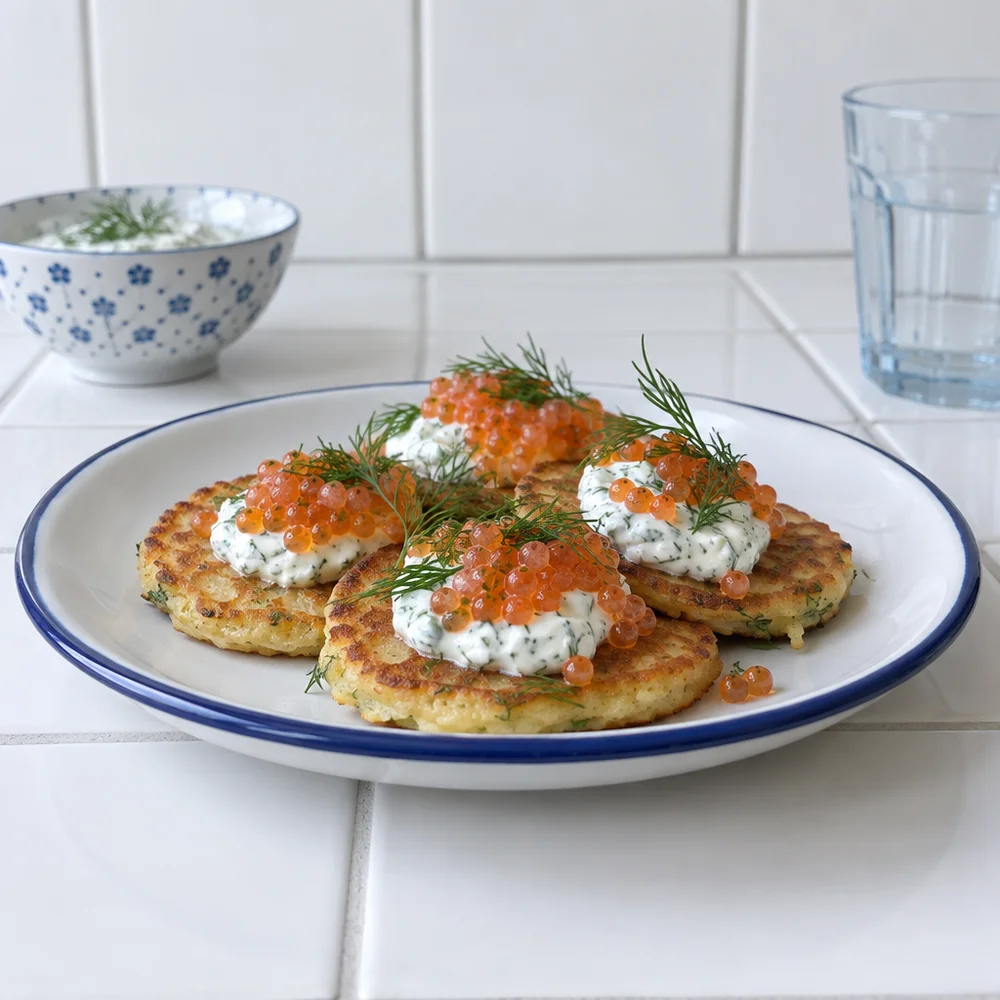 Gluten-free potato blini with trout caviar and dill soured cream