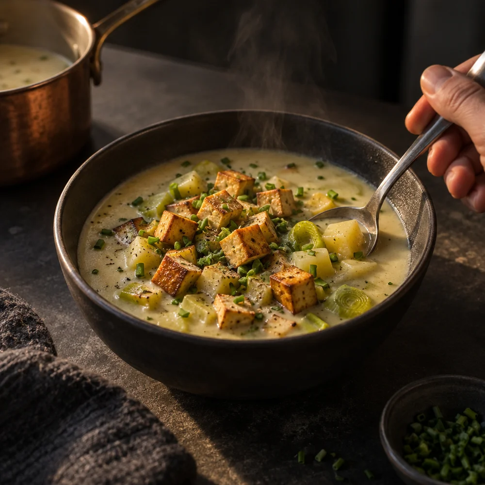 Gluten-free potato and leek soup with crispy smoked tofu