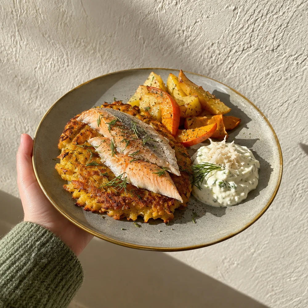 Gluten-free squash rösti with smoked trout and horseradish quark