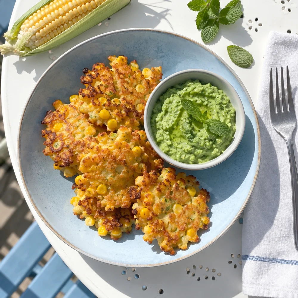 Gluten-free sweetcorn fritters with pea and mint dip