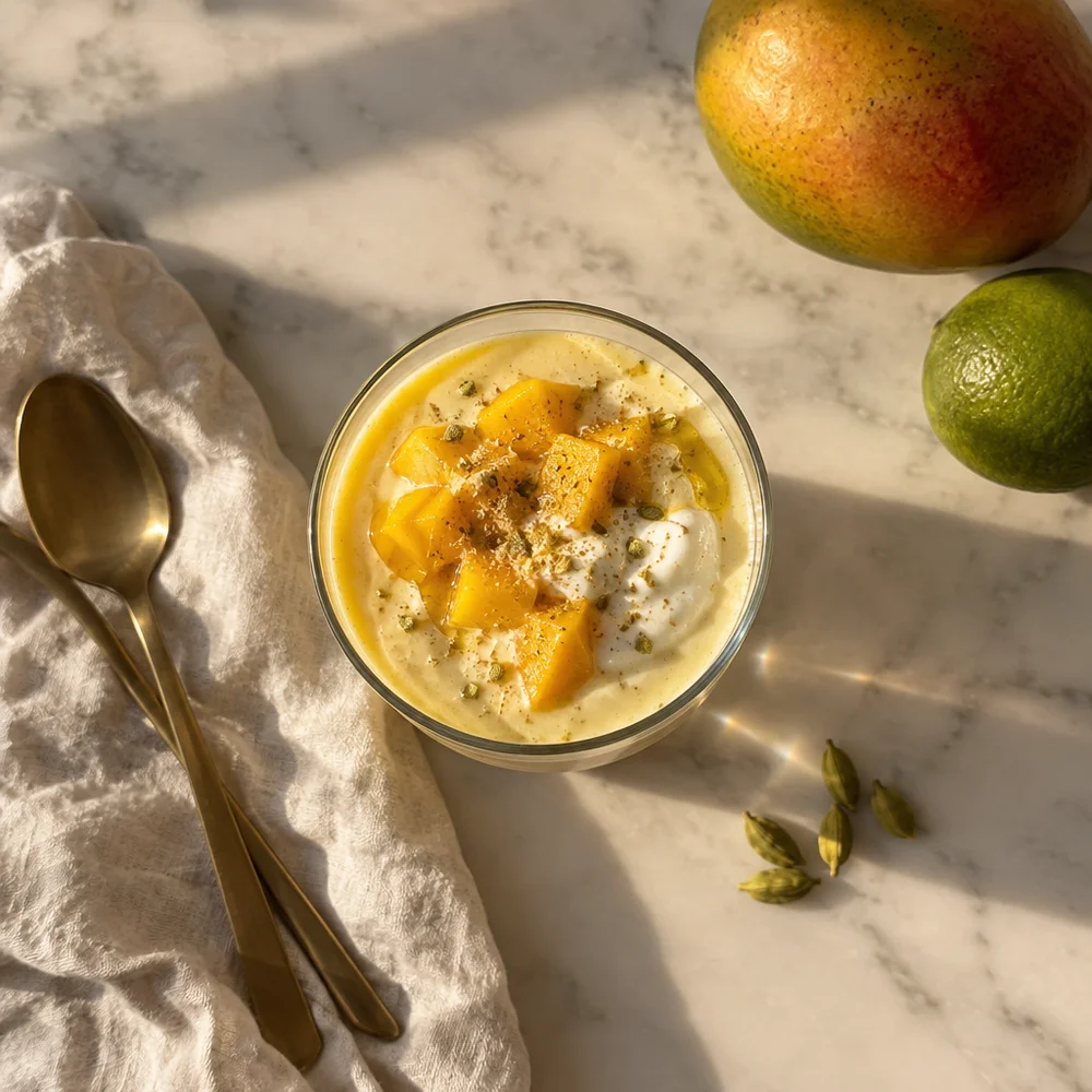 Gluten-free mango lassi cream with skyr and cardamom