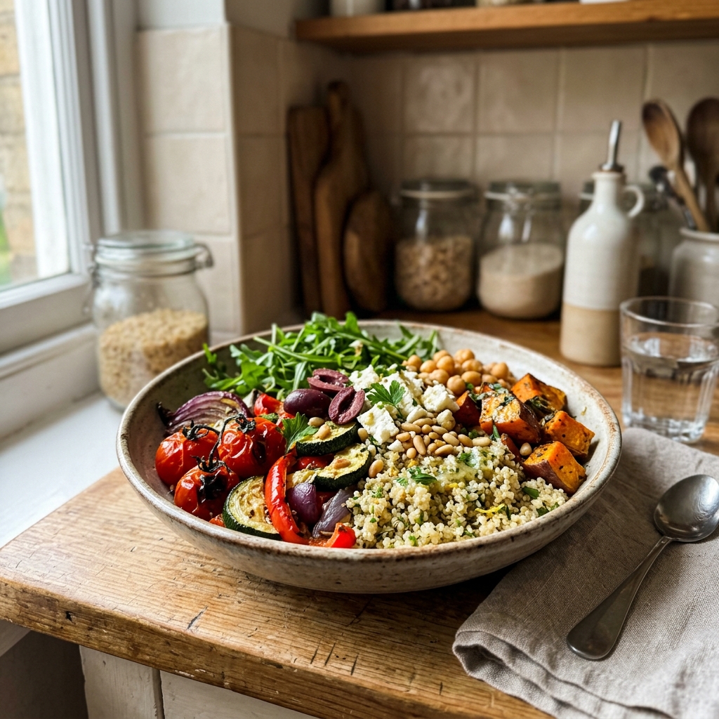 Gluten-free Mediterranean quinoa bowl with roasted vegetables