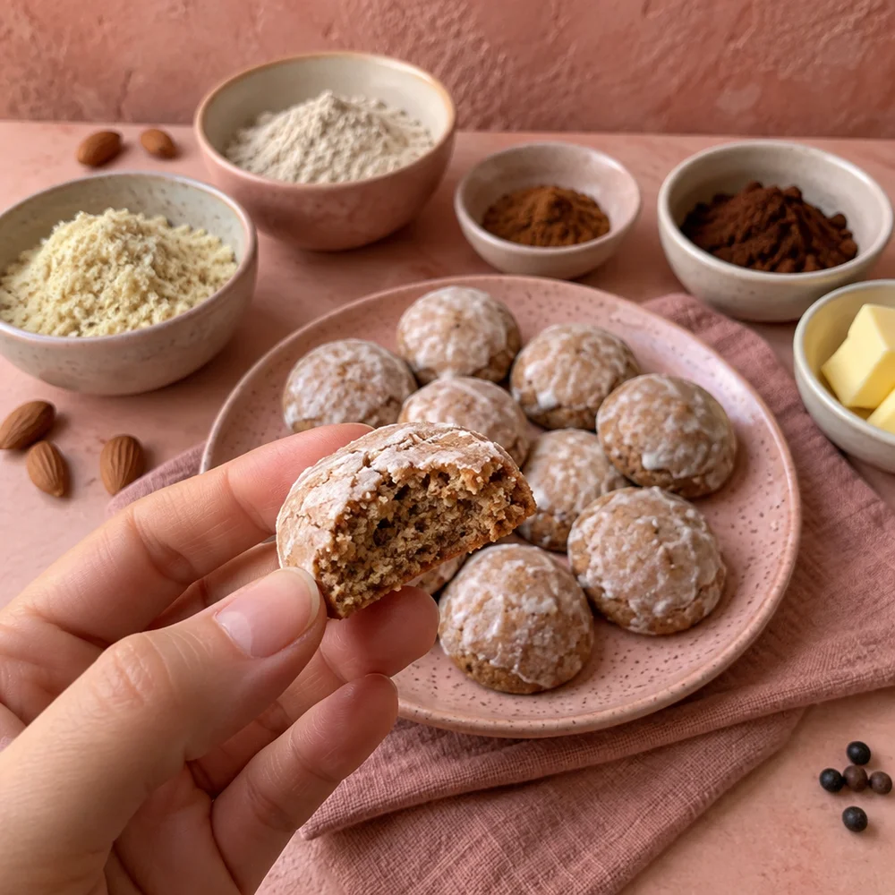 Gluten-free Pfeffernüsse (spiced gingerbread drops) with almonds and maple syrup