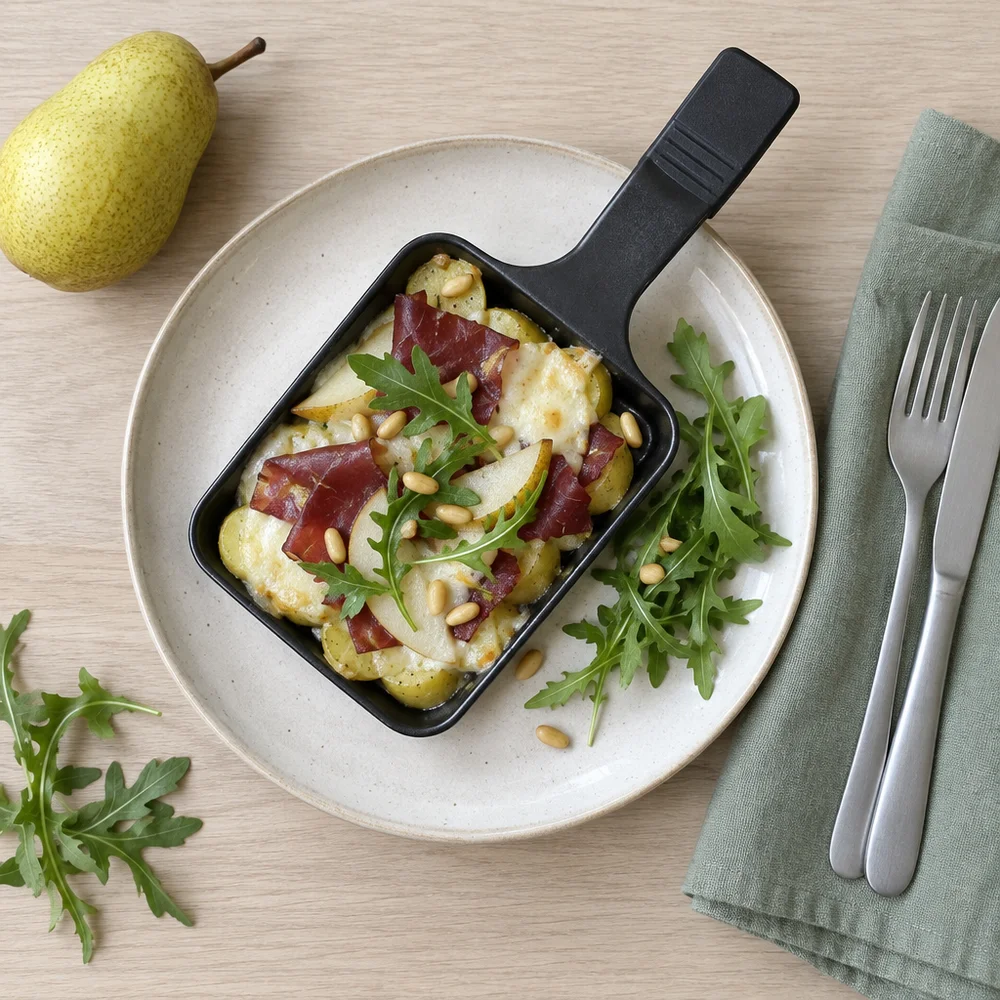 Gluten-free raclette pans with bresaola, pear and rocket