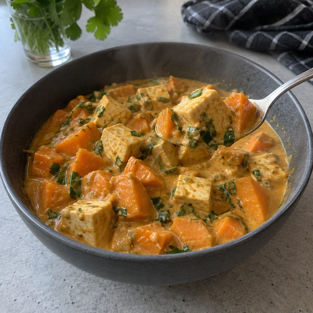 Gluten-free creamy sweet potato and peanut curry with tofu
