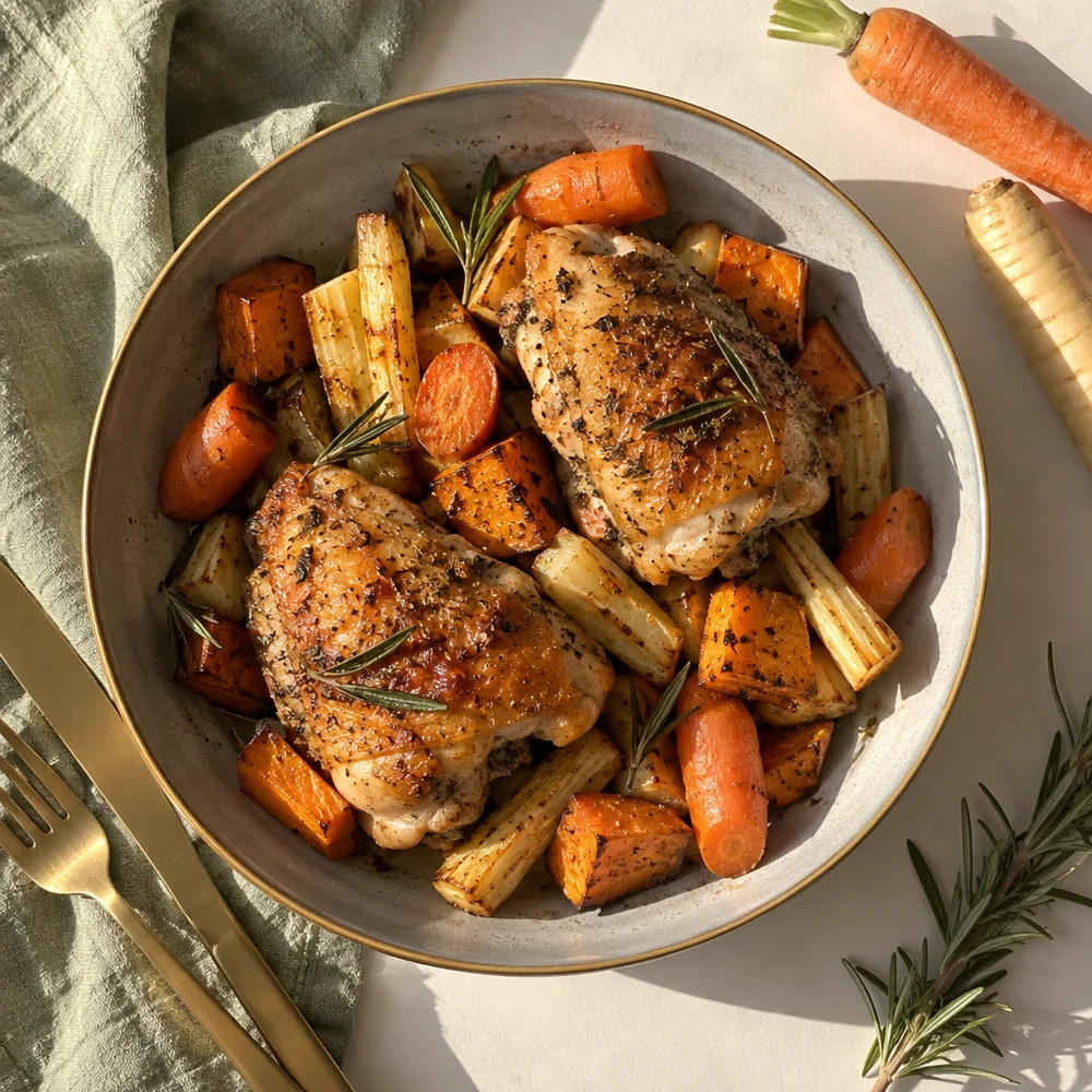 Gluten-free oven-braised chicken with root vegetables and rosemary