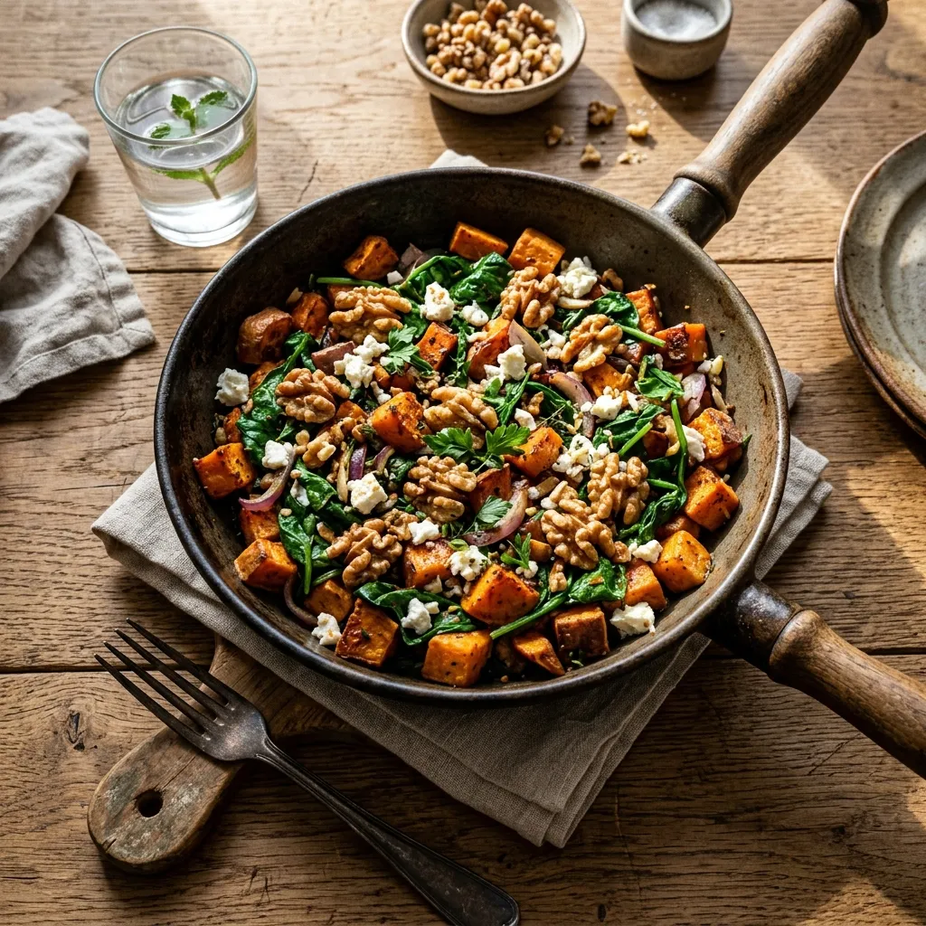 Gluten-free sweet potato pan with spinach and walnuts
