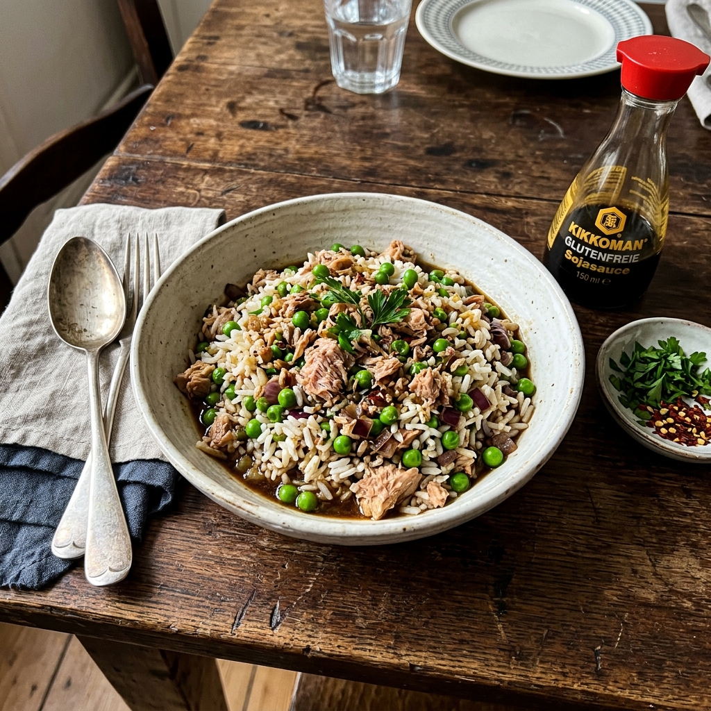 Gluten-free tuna fried rice with peas and soy sauce