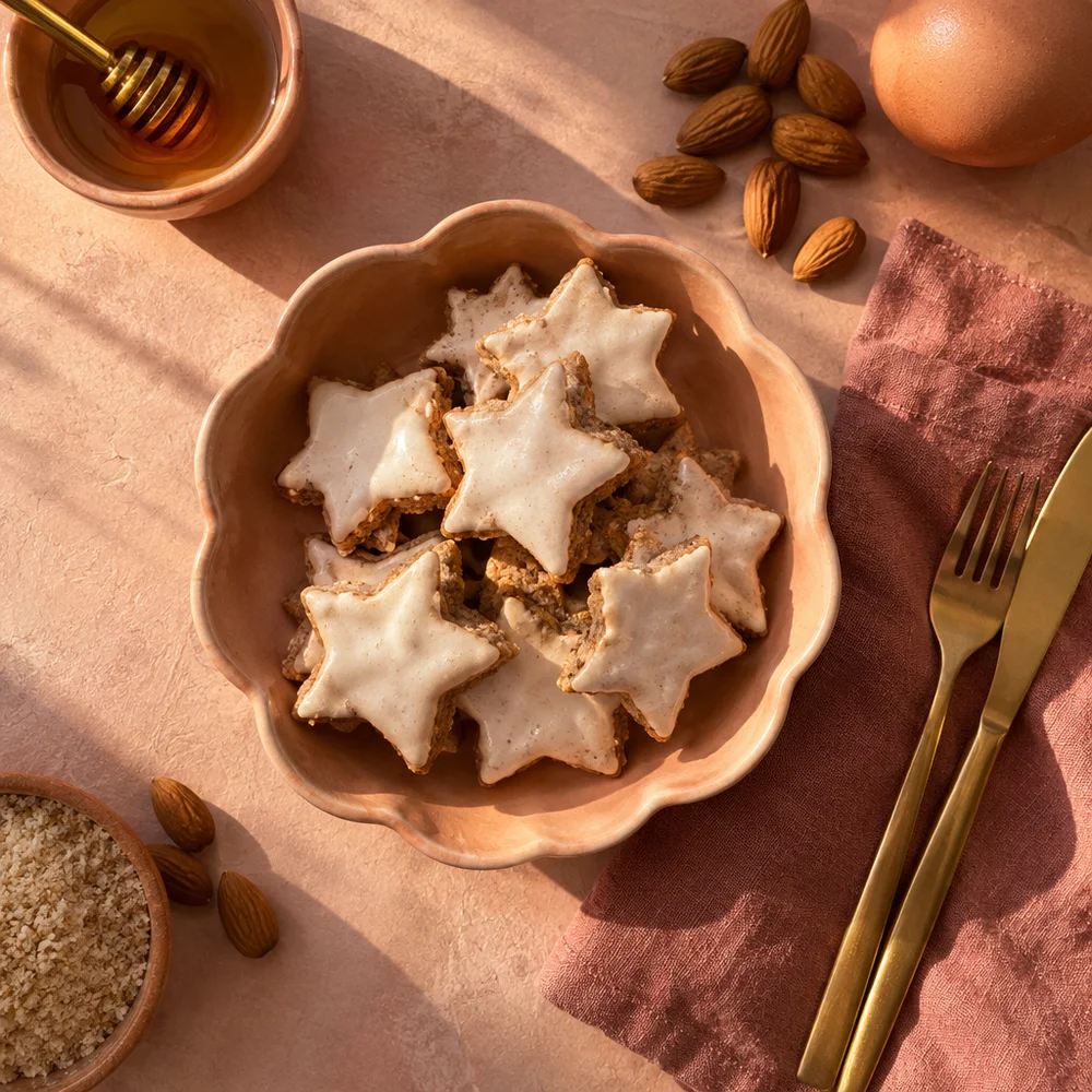 Gluten-free Zimtsterne (cinnamon stars) with almonds and honey meringue