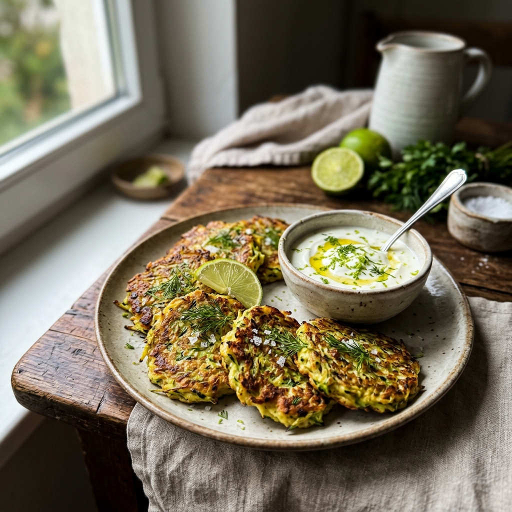 Gluten-free courgette fritters with lime yoghurt