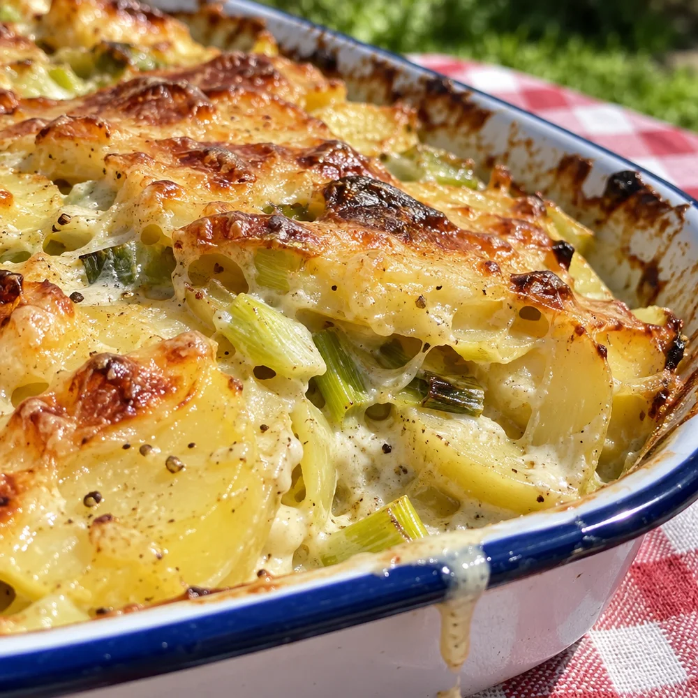Gluten-free potato and leek gratin with Gruyère
