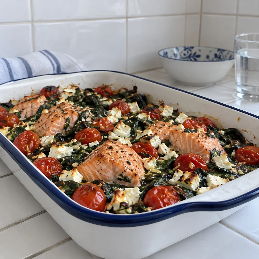 Gluten-free salmon and spinach bake with feta