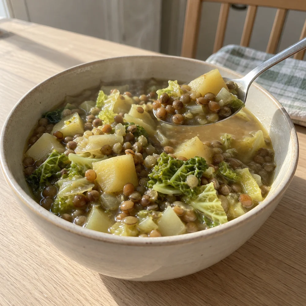 Gluten-free lentil stew with savoy cabbage and potatoes
