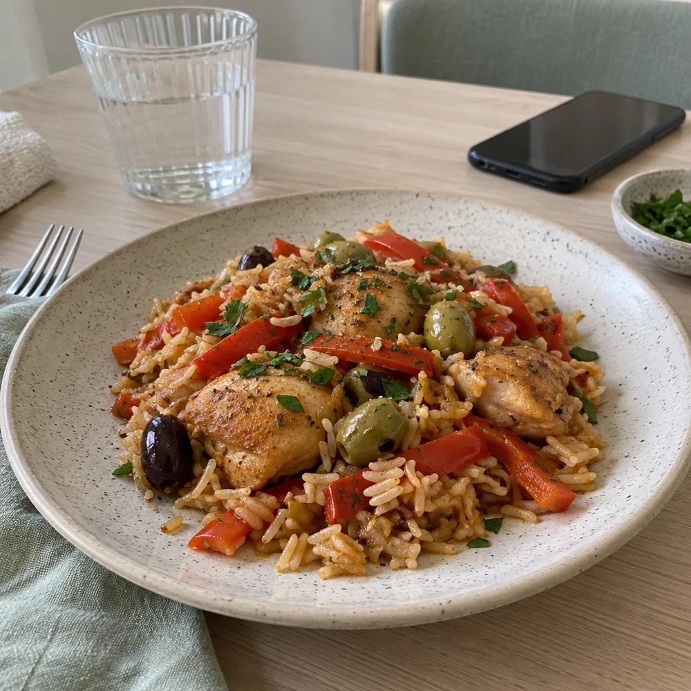 Gluten-free one-pot rice with chicken thighs, peppers and olives
