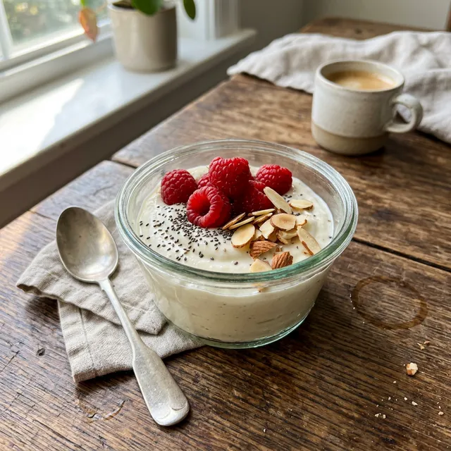 Gluten-free vanilla protein pudding with raspberries