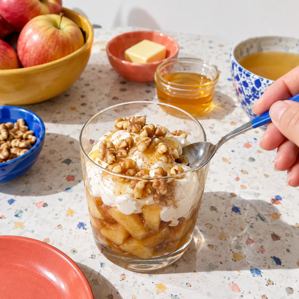 Gluten-free baked apple compote with vanilla skyr and walnuts
