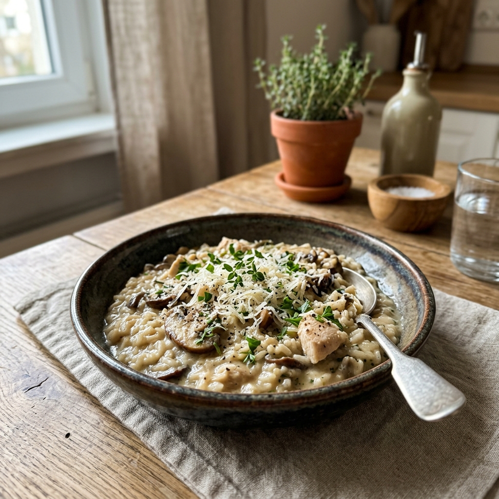 Gluten-free creamy chicken and mushroom risotto with parmesan