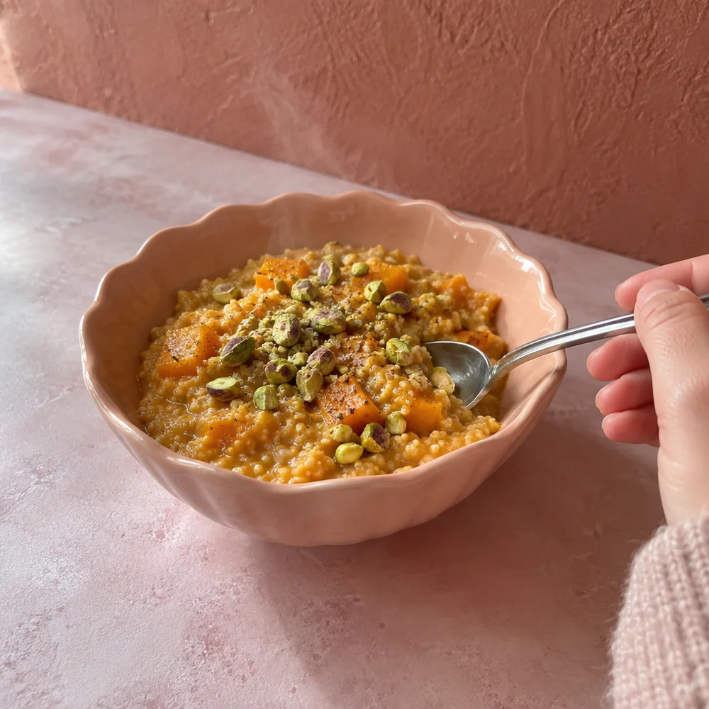 Gluten-free squash and millet porridge with cardamom and pistachios