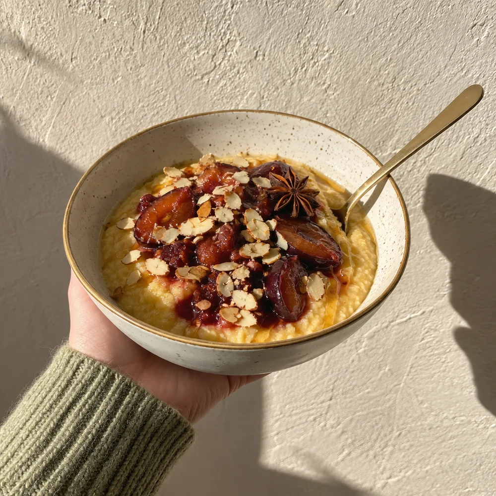 Gluten-free polenta porridge with plum compote and almonds