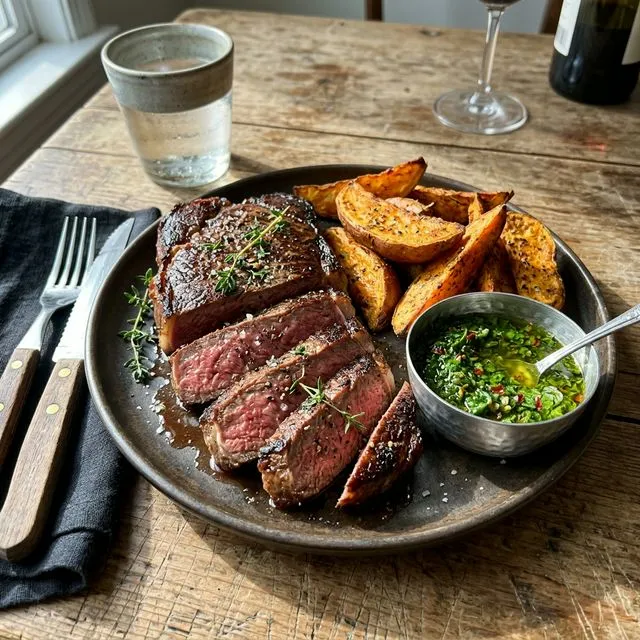 Gluten-free beef steak with sweet potato wedges
