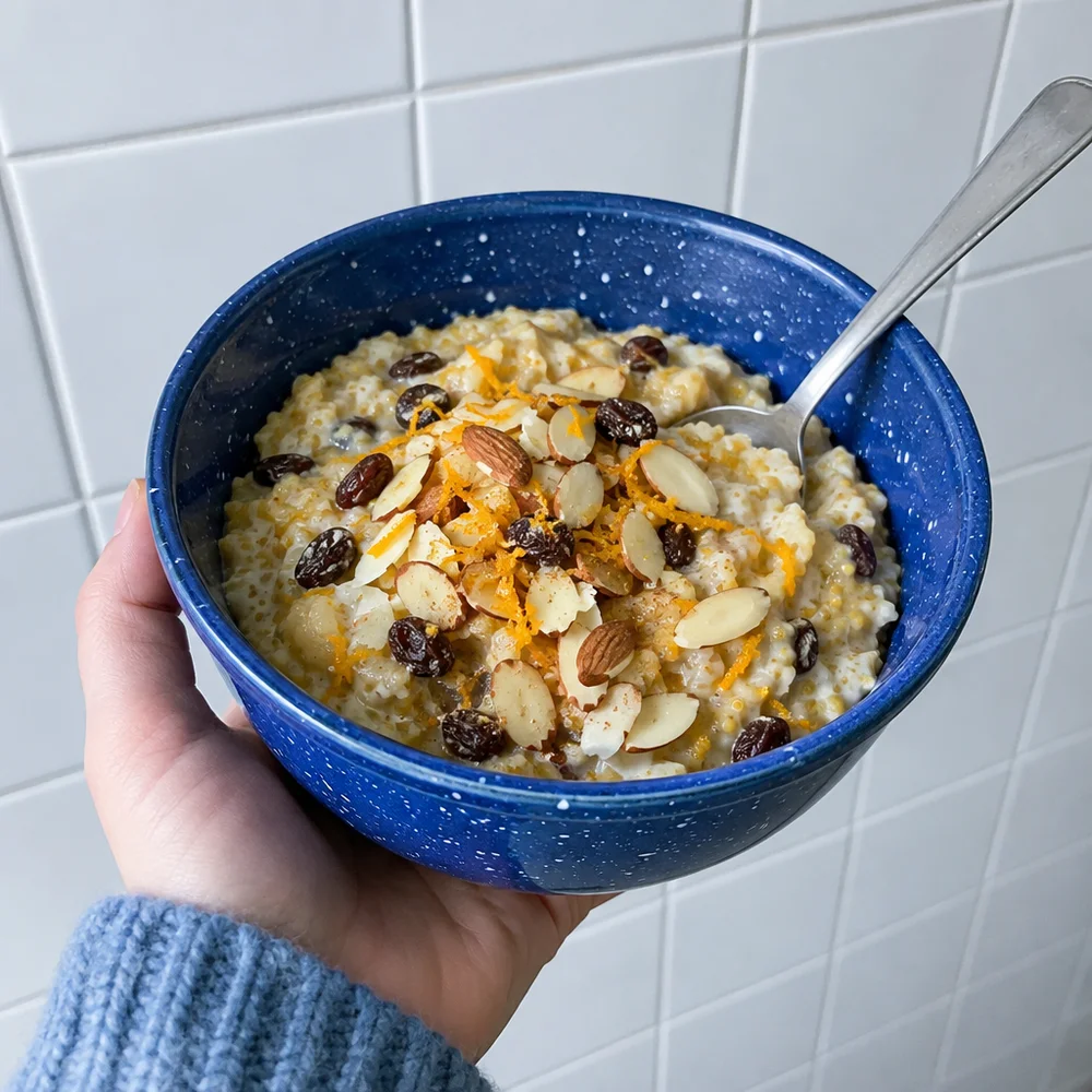 Gluten-free millet stollen porridge with raisins and almonds