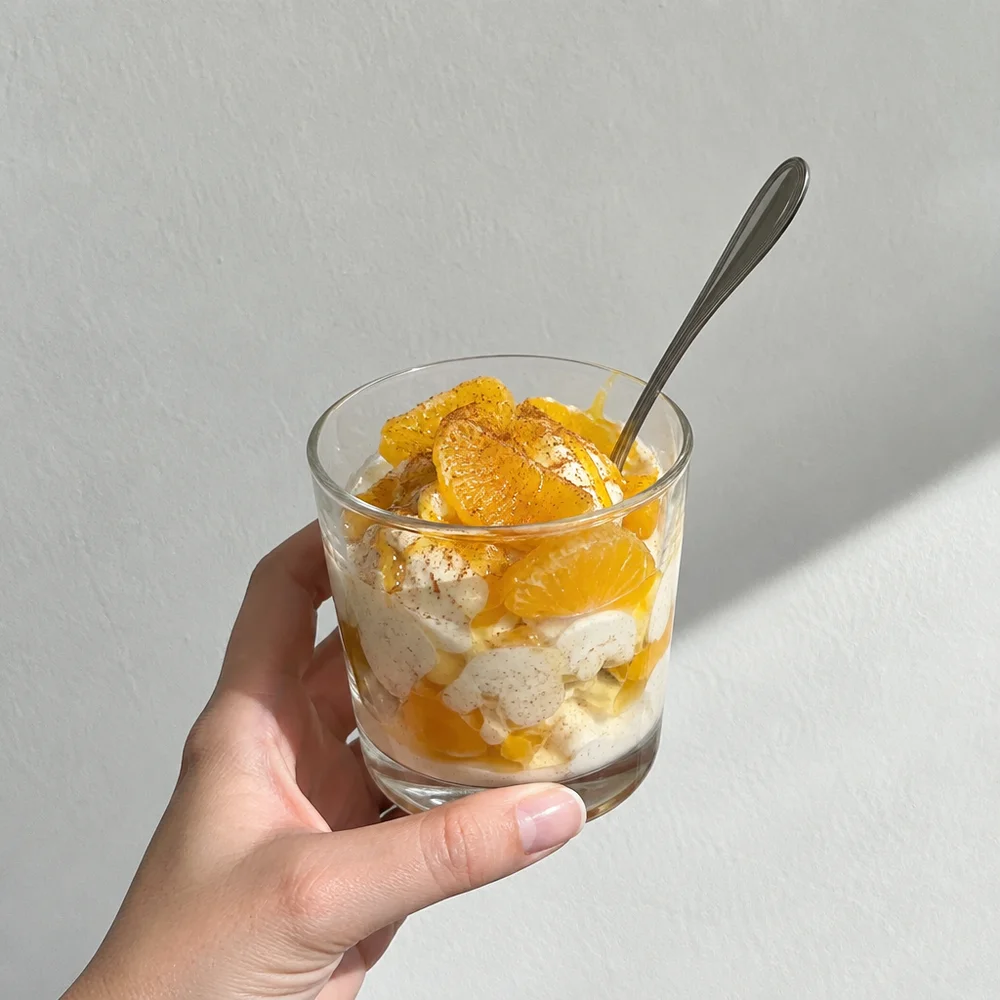 Gluten-free cinnamon parfait with honey and orange segments